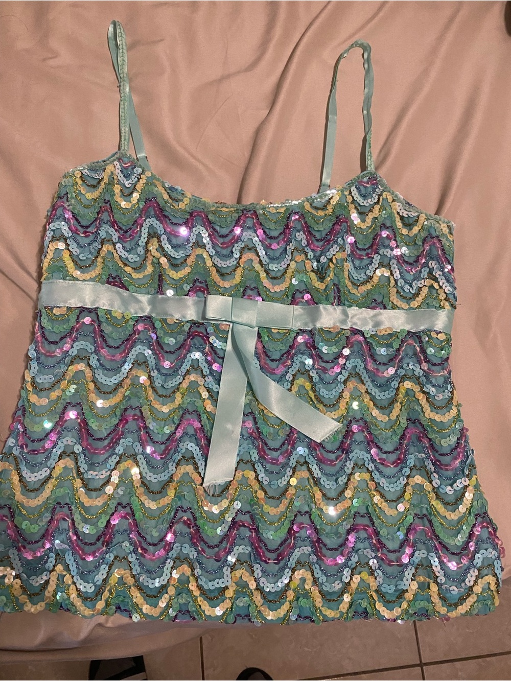 Sequin Wave-Pattern Spaghetti Strap Tank Top - Mint Multicolor